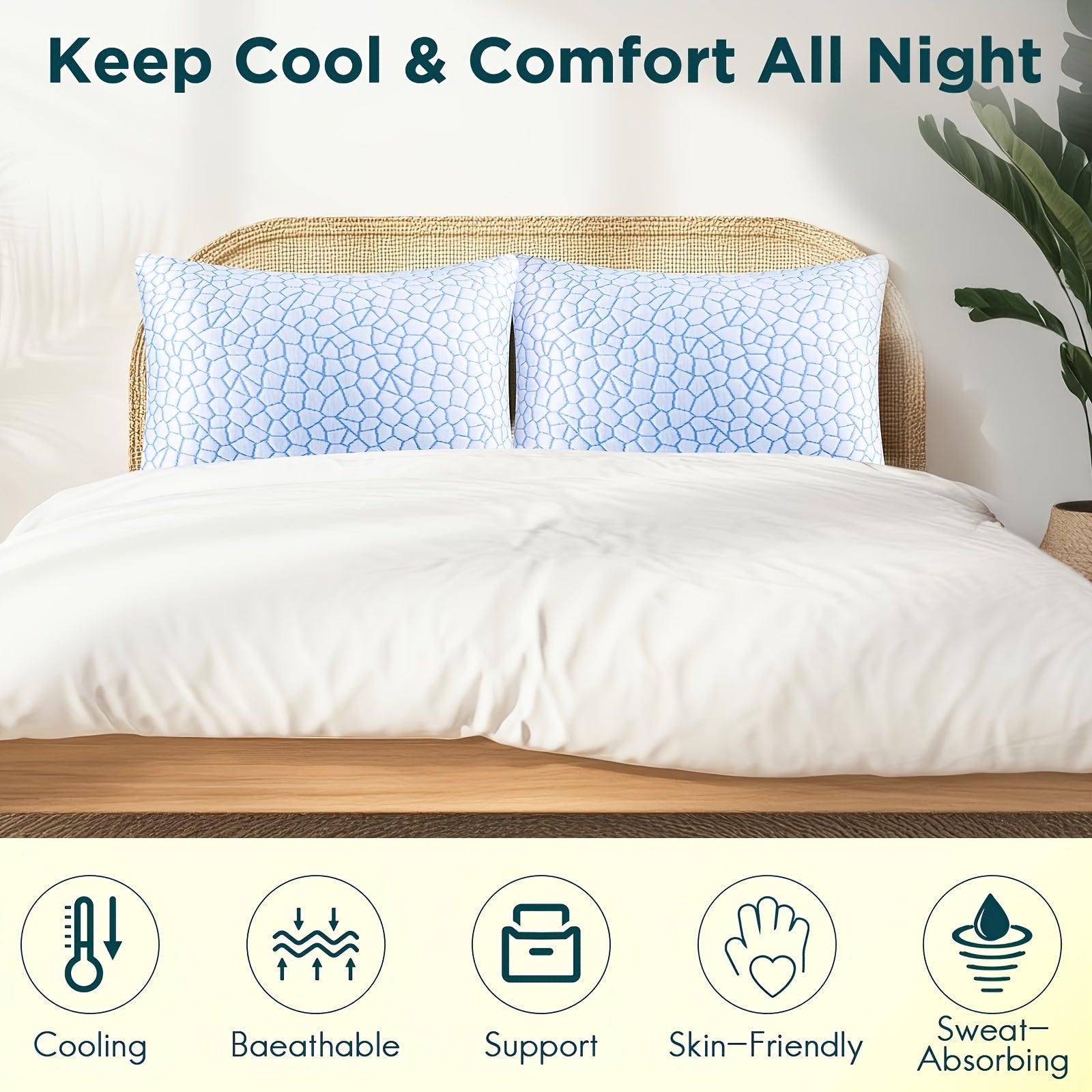 2pcs Set Cooling Sleep Pillows | Adjustable Bed Pillows, Suitable for Side, Back, and Stomach Sleepers, Soft Support, Polyester, Memory Foam, Microfiber, Satin Fabric, All-season Use